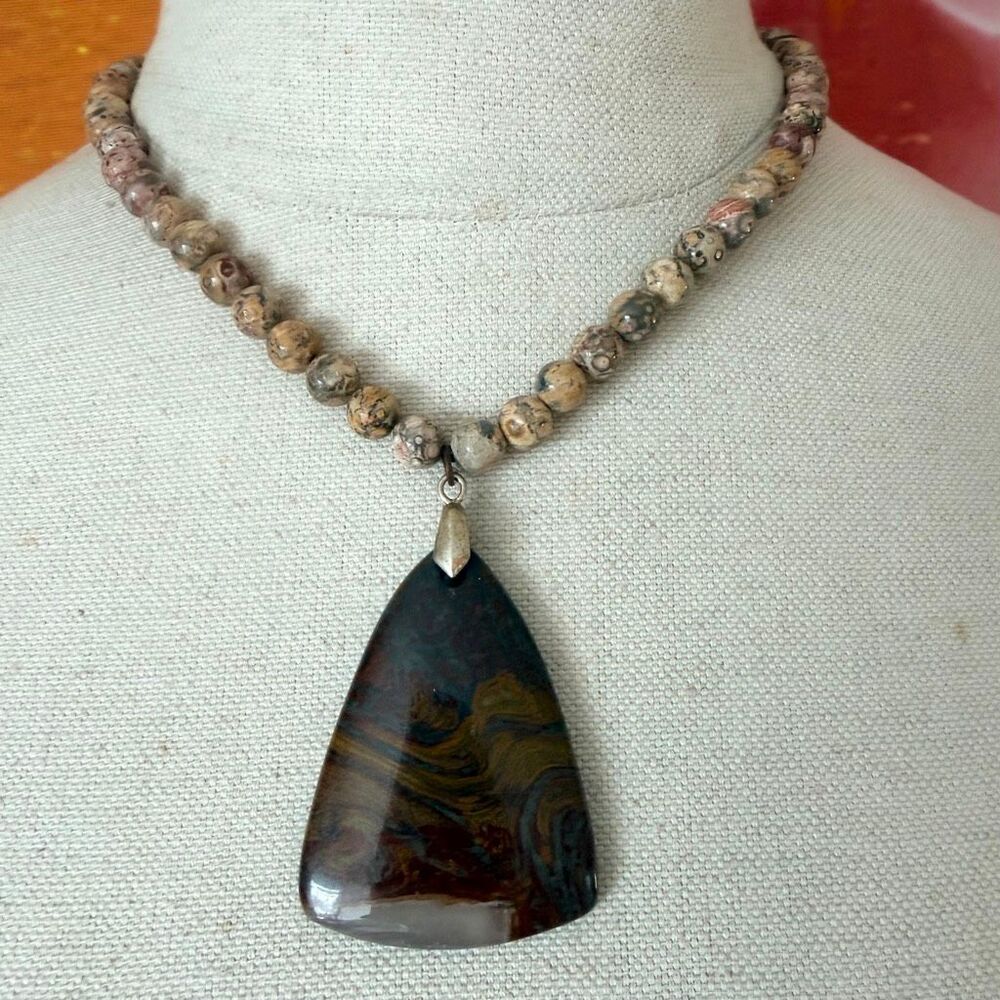 Leopard Skin Jasper Gemstone Beaded Necklace Large Jasper Pendant Sterling Clasp
